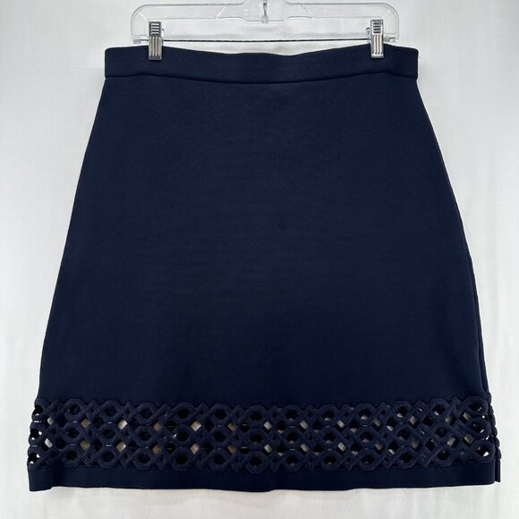 Ann Taylor Top and Skirt Set Womens LP Laser Cut Trim Stretchy Knitted Navy Blue - Picture 12 of 16